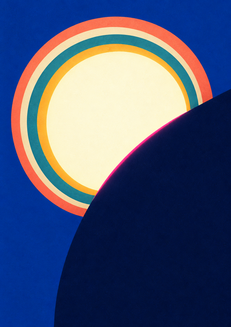 Abstract cream-centered disc with concentric coral, teal, and amber bands partly covered by a curved indigo shadow on ultramarine.
