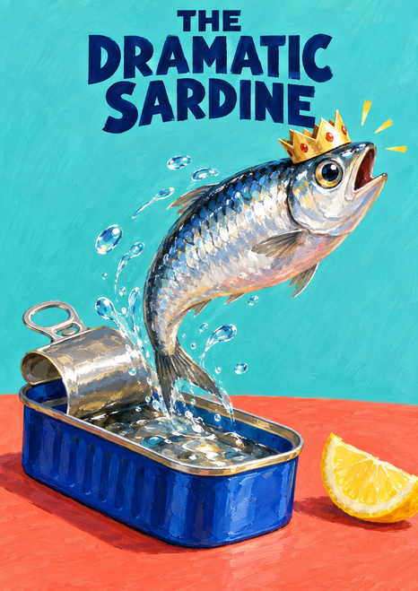 Crowned silver sardine leaping from an open blue tin beneath the navy headline “THE DRAMATIC SARDINE,” with droplets and a lemon wedge.