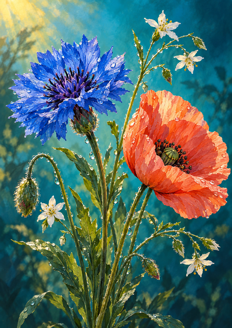 Rain-beaded wildflower spray with a cobalt cornflower, coral poppy, pale star-shaped blossoms, and leafy stems against teal.