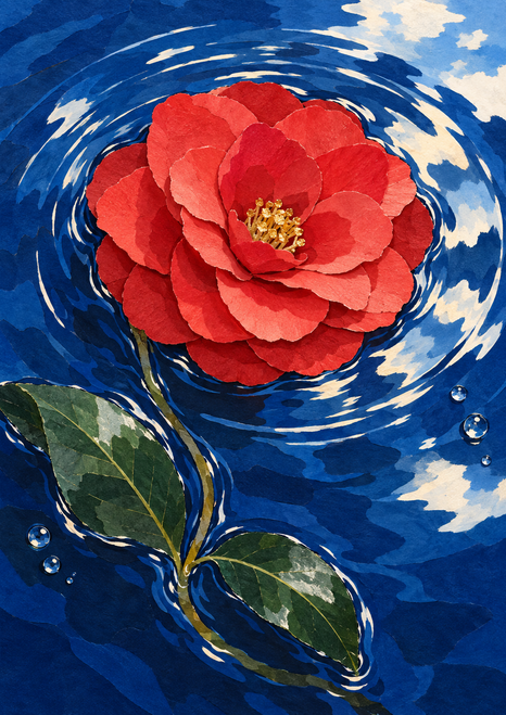 Layered crimson camellia floating on deep blue water, surrounded by pale circular ripples, leaves, and droplets.