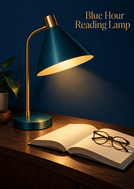 A teal and brass desk lamp illuminates an open book and dark-framed reading glasses on a wooden table, with gold title lettering on a blue wall.