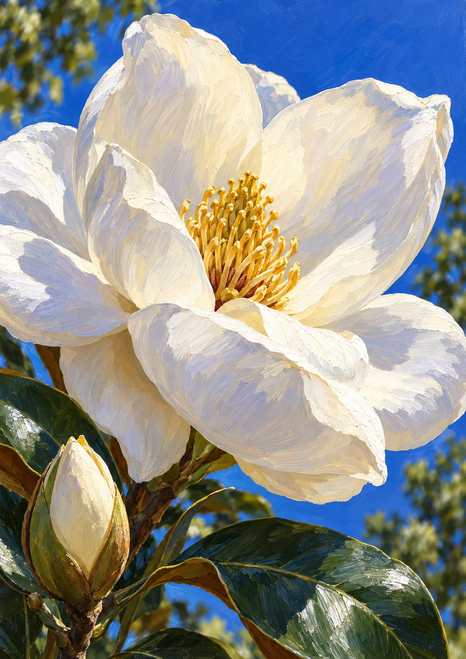 A large white magnolia with golden stamens fills the image above a single bud and glossy green leaves against blue sky.