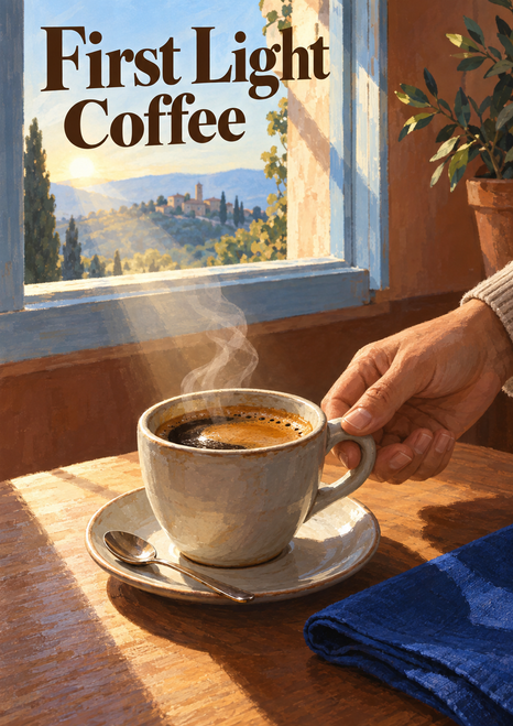 Steaming espresso in a cream cup held by a hand beside a sunlit window, spoon, and folded blue napkin, with First Light Coffee lettering above.