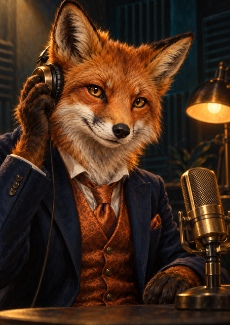 Anthropomorphic red fox in a dark jacket and copper-patterned waistcoat at a studio microphone, wearing headphones beside an amber lamp.