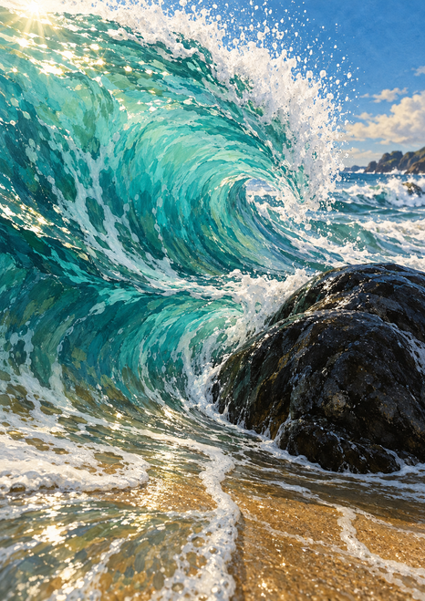 Turquoise wave curling around a dark rounded rock, with white crest spray and foam spreading across golden wet sand.