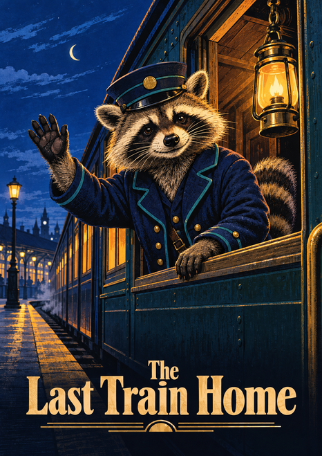 A dressed raccoon waves from a night train window beside a glowing lantern, with the title The Last Train Home below.