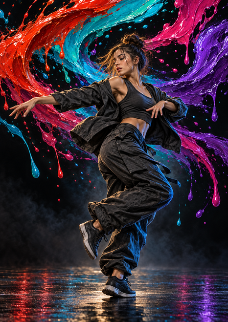 Adult street dancer in dark clothing turns beneath vivid red, turquoise, magenta, and violet paint ribbons against a near-black background.