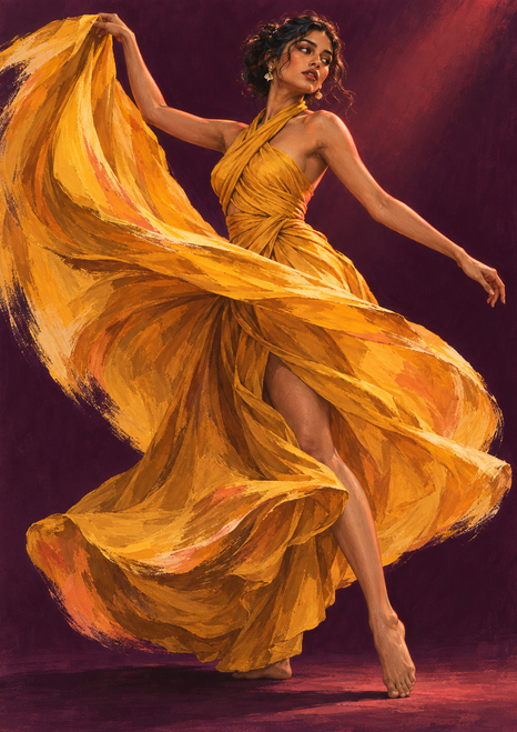 Adult dancer turning in a sweeping saffron-gold wrap dress against a deep-plum background.