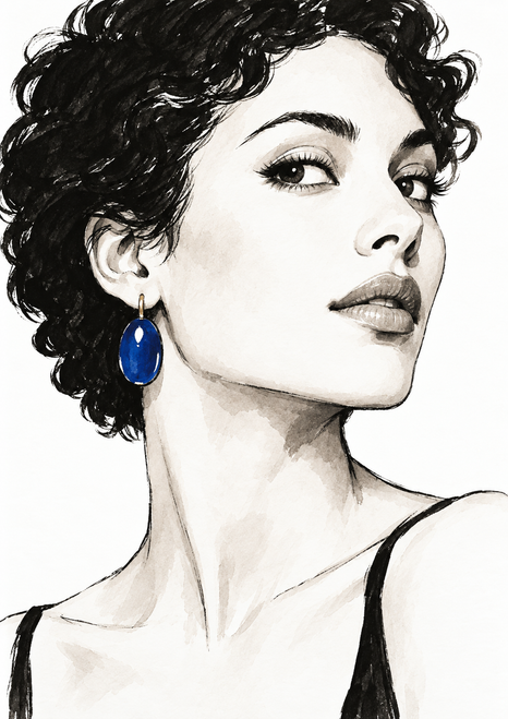 Close-up line-art portrait of an adult woman with short dark curls, a lifted chin, and a prominent cobalt-blue drop earring.