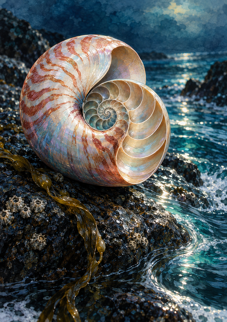 Large open nautilus shell with visible chambers rests on a dark wet rock beside kelp and reflective turquoise seawater.