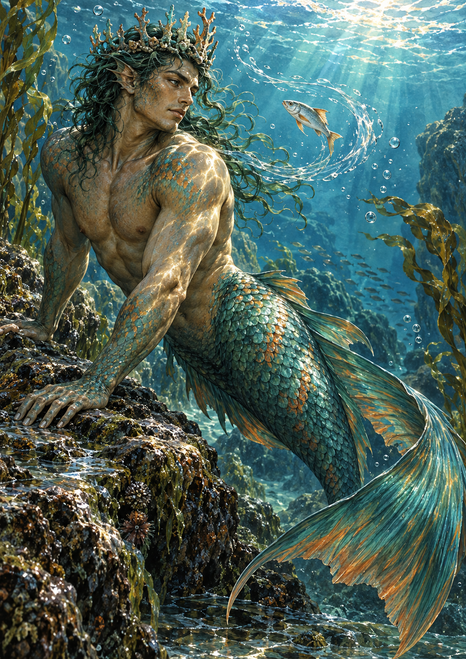 Crowned adult merman braces on an underwater rock and watches a small fish as his scaled tail sweeps through blue-green water.