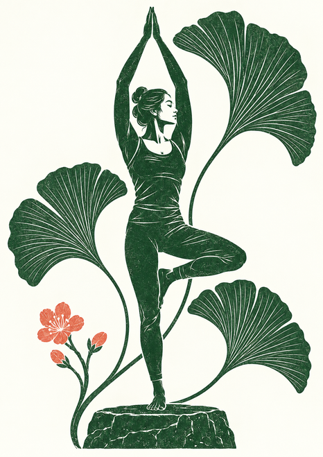 Adult woman balancing on one leg atop a stone plinth, arms joined overhead, surrounded by jade ginkgo-like leaves and a coral blossom.