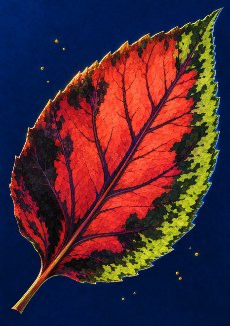 A large serrated leaf with a coral center, dark branching veins, and a lime-green edge against a deep-blue background.