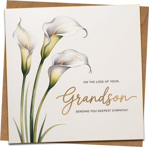 Sympathy Card for Loss of Grandson – Calla Lily Design, 145mm x 145mm Square, Premium Textured Card, Blank Inside, Includes Kraft Envelope