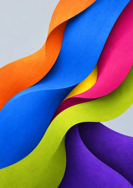 Saturated orange, blue, magenta, chartreuse, and violet ribbon-like bands sweep across pale gray around a small yellow opening.