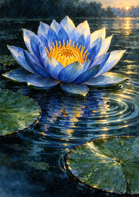 Open blue water lily with pale-tipped petals and saffron center above dark pond ripples and round lily pads at dawn.