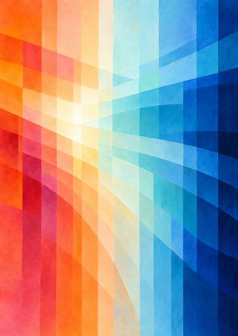 Abstract overlapping rectangular color panes shift from orange and rose at left to aqua and deep blue at right, with a bright glint near the center.