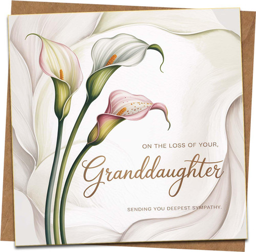 Granddaughter Sympathy Card, Calla Lily Design, On the Loss of Your Granddaughter, 145mm x 145mm Square Condolence Card with Kraft Envelope
