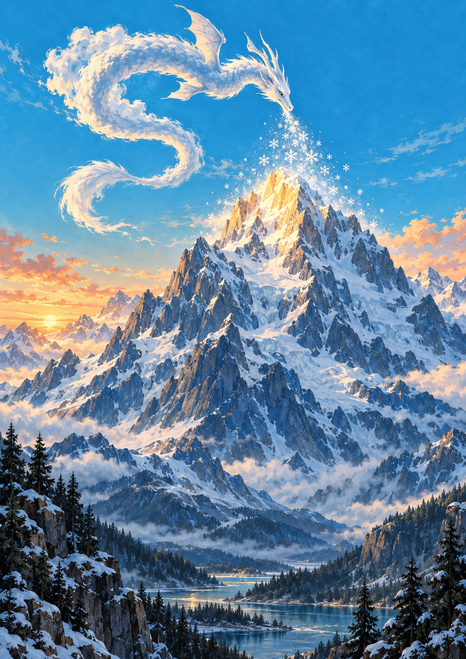Cloudlike serpentine dragon flying over snowy alpine peaks, above a forested valley and lake at sunrise.