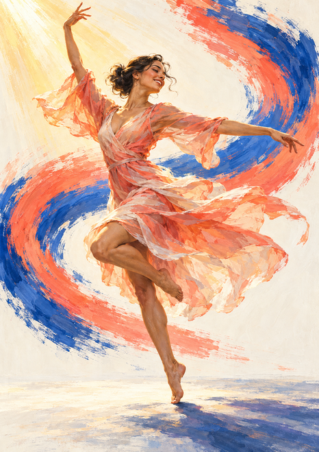 Adult dancer in a flowing coral-pink dress, turning beneath an extended arm within a loop of coral and ultramarine brushwork.