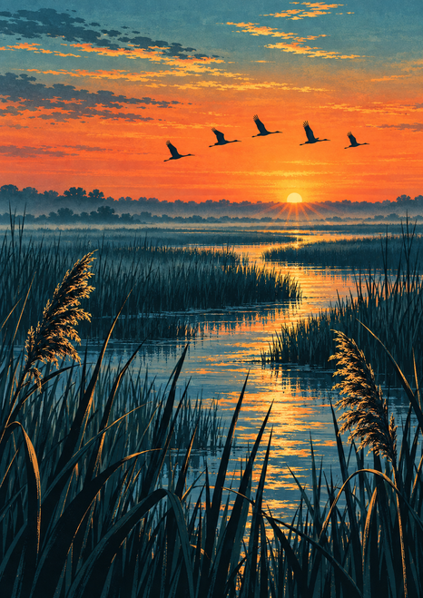 Five dark birds fly across an orange-and-gold sunrise above a reflective marsh channel framed by dark teal reeds.