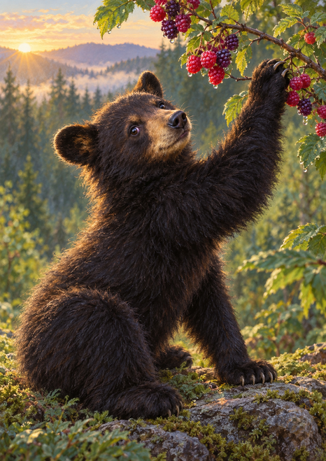Young dark-furred bear seated among rocks and reaching toward red and purple berries on a leafy branch at sunrise.