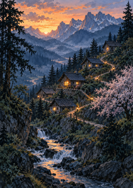 Several cottages with glowing windows step up a hillside above a stream, among dark firs beneath an apricot sunset sky.