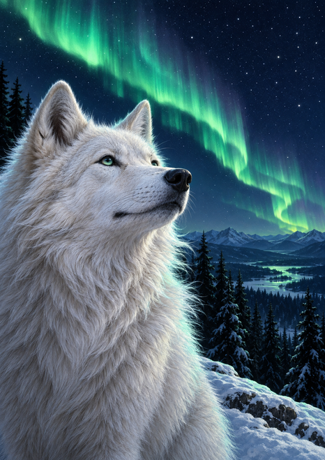 White wolf looking upward beneath green aurora, with snowy evergreen forest, mountains, and a valley.