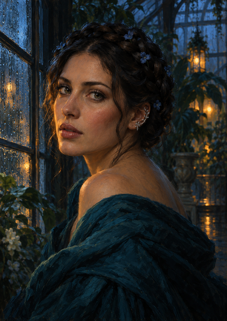 Adult woman in a dark teal wrap turning toward the viewer, with blue flowers in her braided updo, rain-streaked glass, and warm conservatory lights.