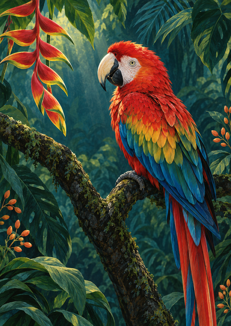 Scarlet macaw perched on a forked dark branch and facing a hanging red-orange bloom amid dense tropical leaves.