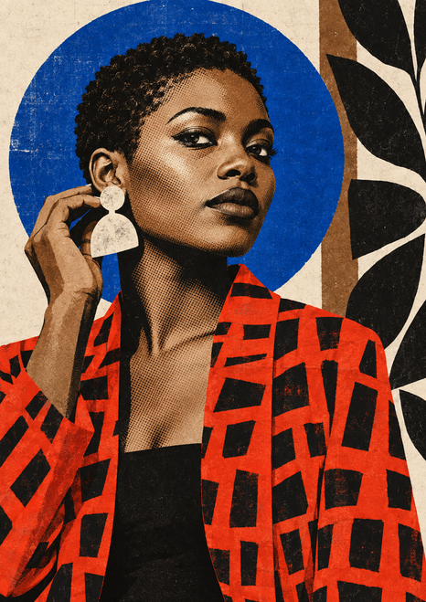 Graphic portrait of a woman in a vermilion jacket with black grid marks, adjusting a pale circular earring before a cobalt disk and black leaves.