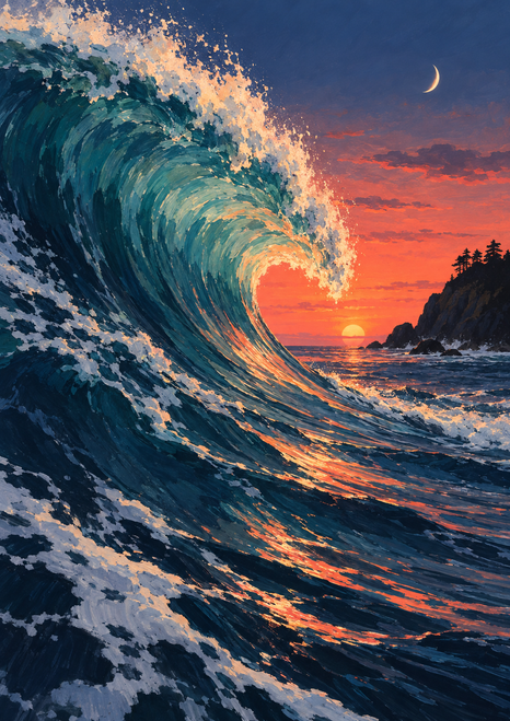 Large curling blue-green wave with ivory foam beside a dark headland at sunset, under a crescent moon.