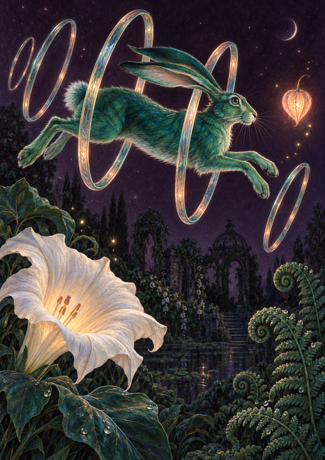 An emerald hare bounds through luminous oval hoops toward a glowing peach seed or lantern above ferns and a white trumpet flower.