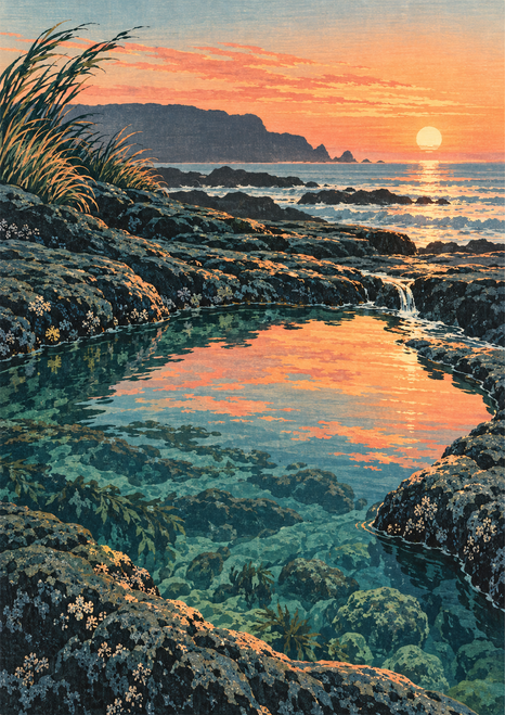 Rocky coastal tide pool reflecting an orange-pink sunset, with grasses at left, a small cascade at right, and a distant headland.