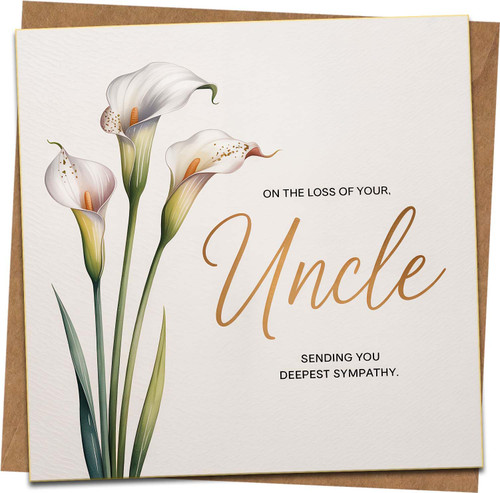 Uncle Sympathy Card – Condolence Card with Calla Lily Design, On the Loss of Your Uncle, Square 145mm x 145mm, Premium Textured Finish, Blank Inside, Includes Kraft Envelope