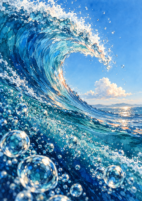 A cobalt-blue wave curls around a bright opening of sky, with reflective bubbles, white spray, and a distant horizon.
