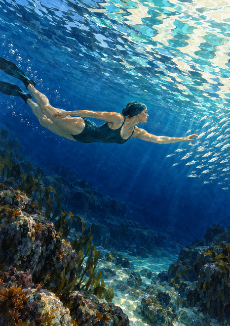 A woman in a dark swimsuit and swim cap swims toward small fish below a bright rippled surface, with bubbles and reef below.