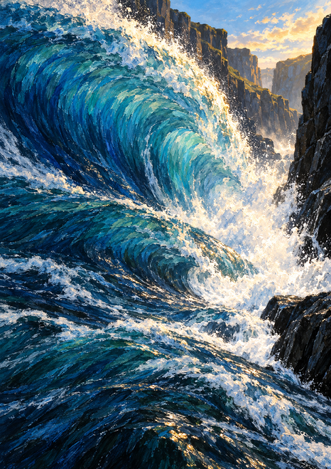 A large blue wave curls through a dark rocky gorge and breaks into bright foam beneath a warm sky.