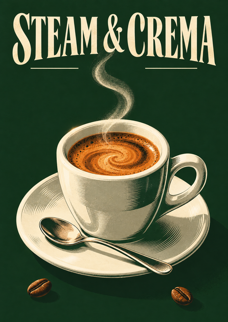 White espresso cup with caramel spiral crema and rising steam, beside a spoon and two coffee beans on a forest-green background.