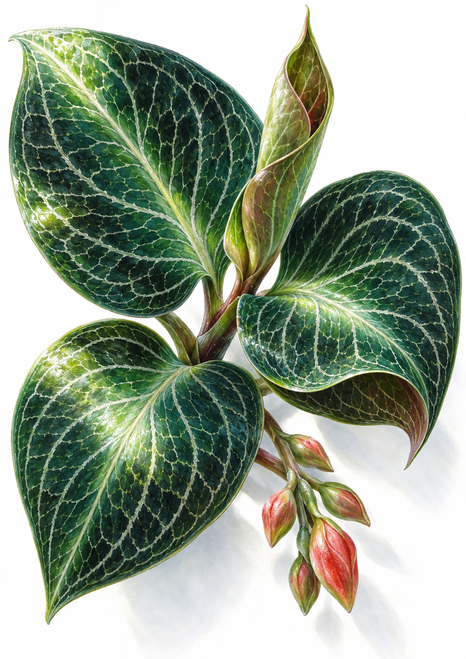 Close botanical arrangement of dark green, pale-veined leaves with a central unfurling leaf and coral-pink buds on white.