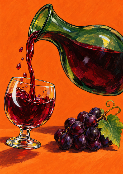 Green-tinted carafe pouring ruby-red grape juice into a short-stemmed glass beside dark grapes and a green leaf on orange.