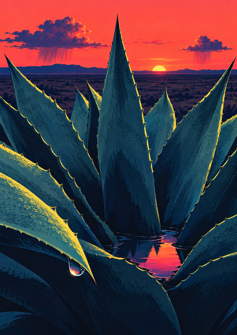 Large blue-green agave rosette with a hanging raindrop and reflective pool beneath a coral-red desert sunset.