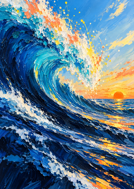 Sweeping cobalt and deep-blue wave breaking into white, turquoise, coral, and yellow spray beneath an orange sun.