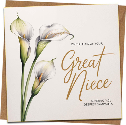 Sympathy Card for Loss of Great Niece – Calla Lily Design – 145mm x 145mm – Condolence Greeting Card with Kraft Envelope – On the Loss of Your Great Niece, Sending Deepest Sympathy