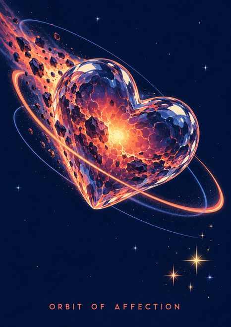 Glowing faceted heart meteor with coral orbital trails and the title Orbit of Affection against a midnight-blue sky.