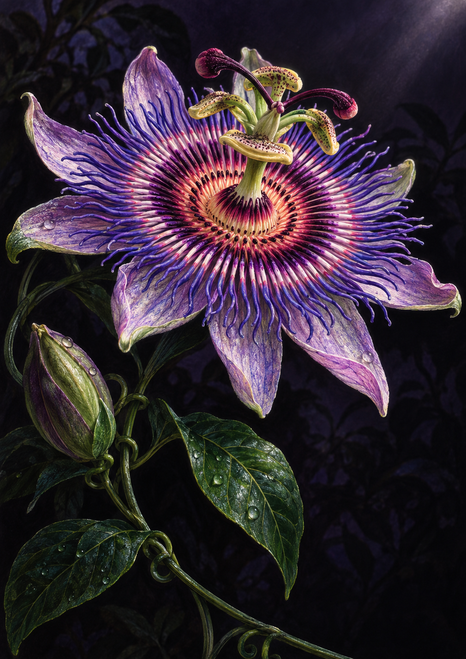 Detailed passionflower with lavender petals and vivid pink, purple and coral filaments against a dark garden, with glossy leaves and a closed bud.