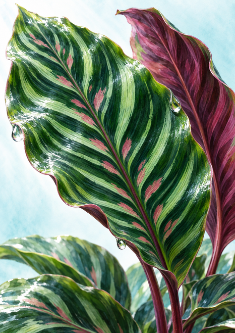 Close-up of a large green calathea leaf with pink markings and pale veins, backed by a curled plum-magenta leaf against a pale aqua background.