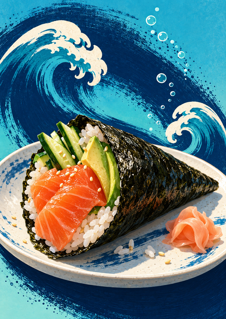 A temaki hand roll with rice, salmon-like fish, cucumber, and avocado sits on a white plate against blue waves and bubbles.