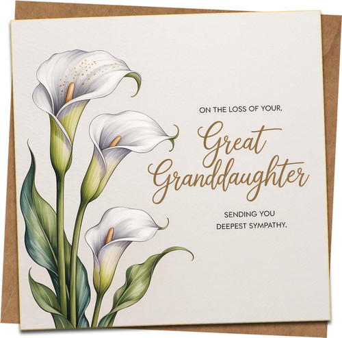 Sympathy Card for Loss of Great Granddaughter – Calla Lily Design – 145mm x 145mm – Includes Kraft Envelope – Condolence Greeting Card, Deepest Sympathy Message