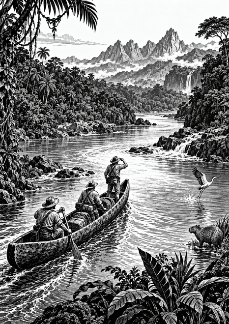 Black-and-white engraved scene of three people canoeing through a tropical river beneath mountains and a waterfall, with a heron and capybara-like animal.